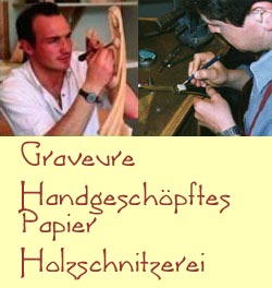 Südtiroler Werkstätten / Graveure, Handgeschöpftes Papier, Holzschnitzerei